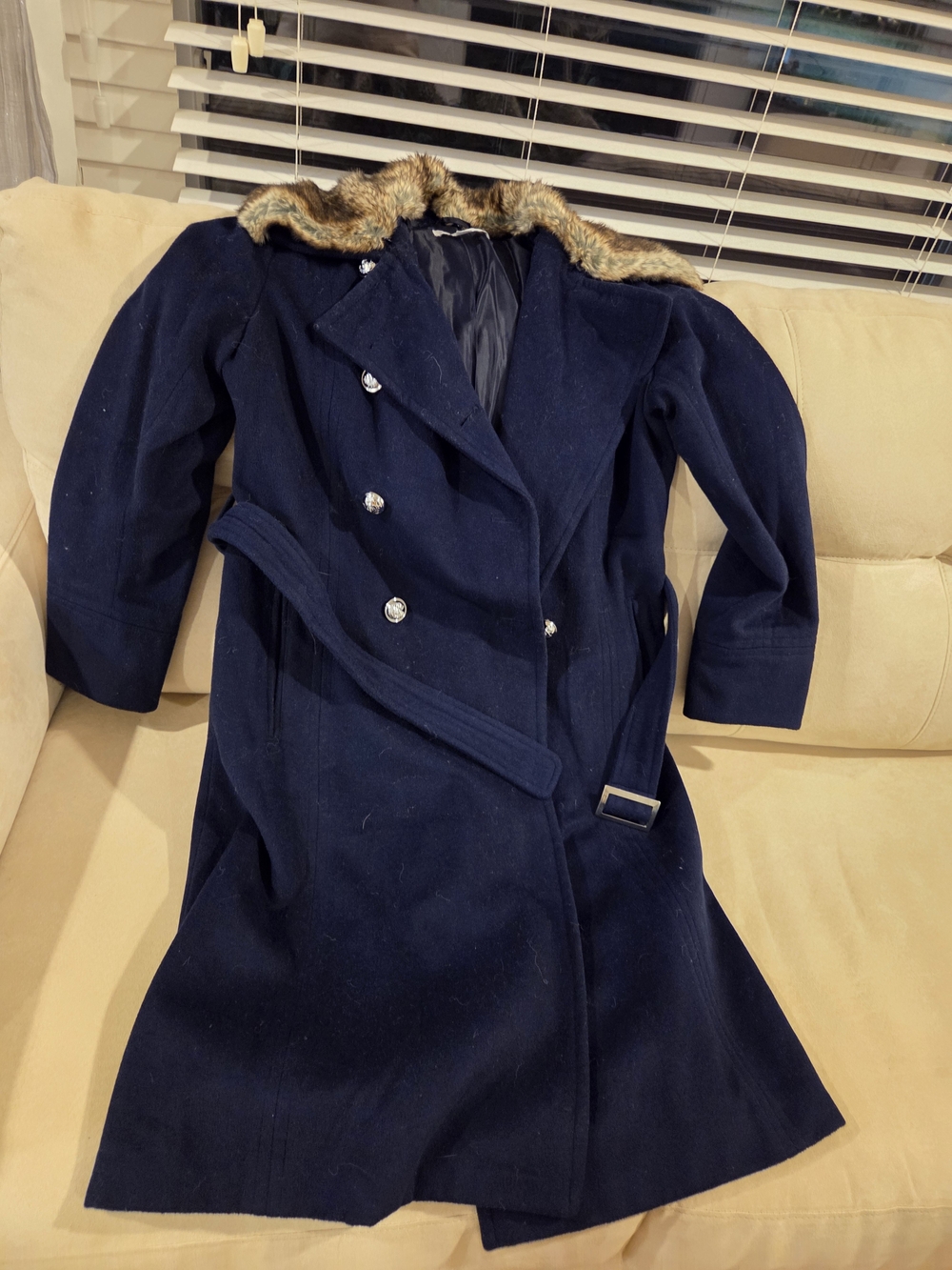 New York & Company Navy Double-Breasted Pea Coat with Faux Fur Collar